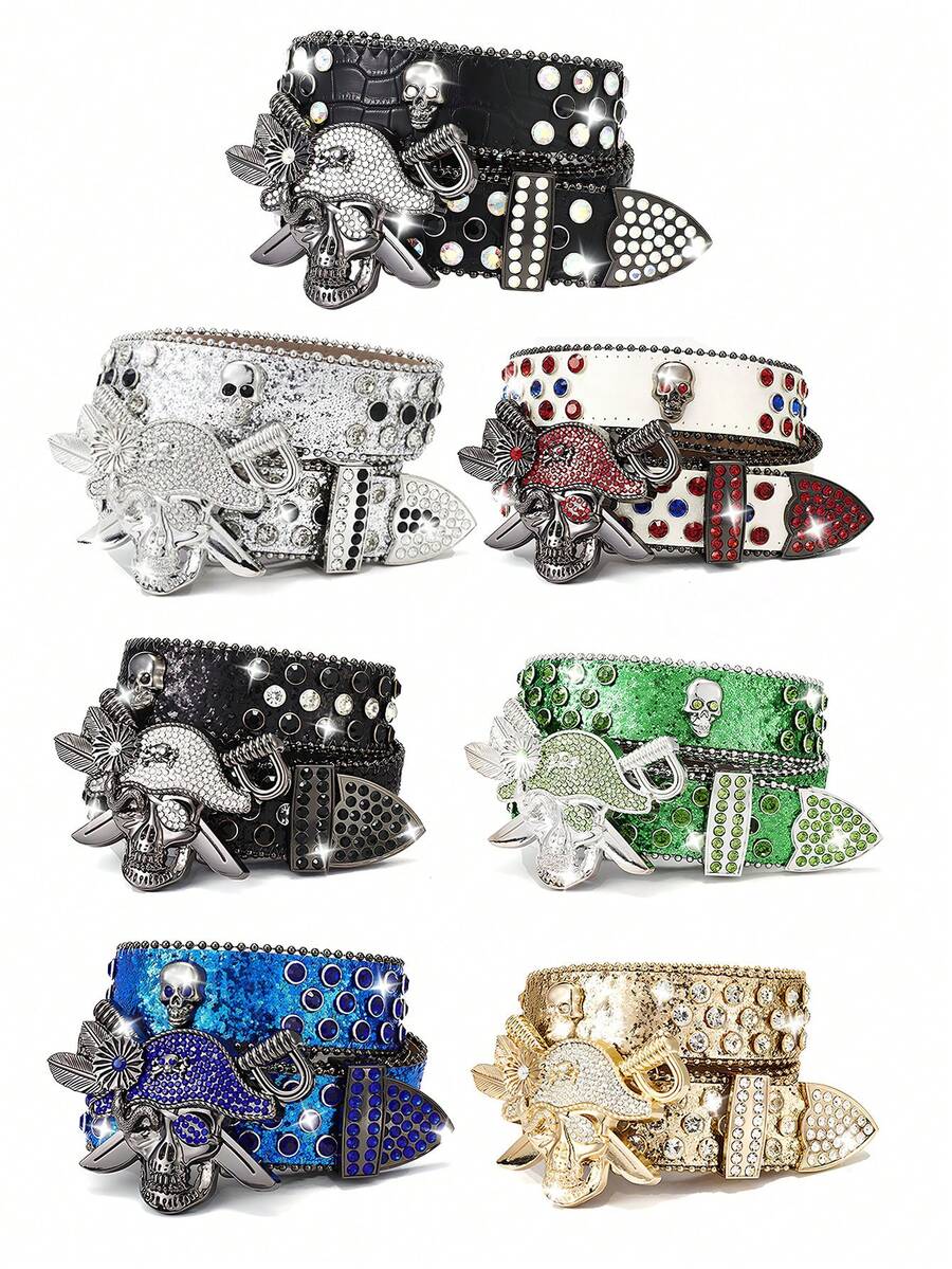 1 Thắt lưng Unisex, Khóa đầu lâu cướp biển đính đá lấp lánh Thiết kế thời trang, Phụ kiện đính đá Thắt lưng đinh tán phong cách Punk, Thích hợp kết hợp với quần jean, áo khoác hoặc đồ trang trí tiệc tùng, v.v. - Thắt lưng kim cương đầu lâu cướp biển - Xem 1