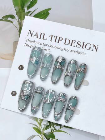 10pcs Y2K Nails Chic Almond-Shaped Press On Nails Set - Handcrafted, Silvery Nails, Blue Nails, Hand Drawn 3D Silvery Pattern Design, Rhinestone Decoration, Sparkling Metal Nails - Suitable For Women And Girls, Party, Wedding, Daily Wear, DlY Nail Art, Nail Set, Includes Tool Kit. Goth Nails. Almond Nails. Handmade Acrylic Press On Nails Almond. Fake Nails. Nail Supplies