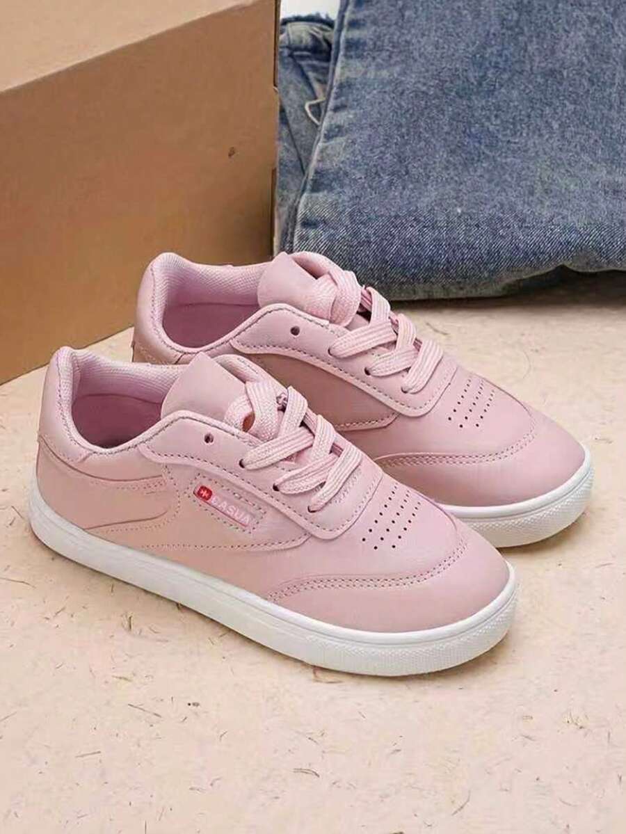 1 par de zapatos deportivos y de skate casuales y de moda para niños, con parte superior de piel de ante y parches, suaves y cómodos, ligeros, con cierre de conveniente, aptos para interiores/exteriores, juegos, festivales, diseño de unicolor, sencillo y versátil - Rosa - Ver 1