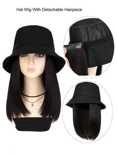 可拆卸桶帽配12英寸短直髮造型假髮，適合日常穿著，使用合成纖維哑光高溫絲接鬆帽，女士合成娃娃頭假髮