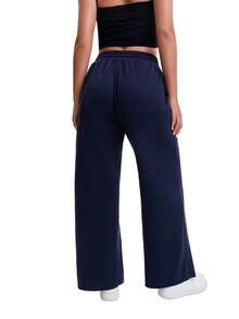 Women's Navy Blue Wide Leg Sweatpants, High Waisted Drawstring Sporty Joggers With Pockets, Comfy Loose Fit Athletic Pants For Workout & Street Style - Navy Blue - View 2
