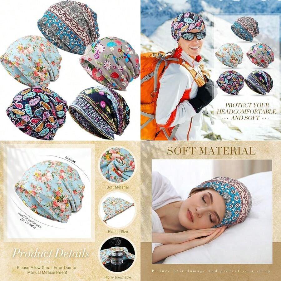 5 Pieces Women's Slouchy Beanie Hat Stretch Turban Hats Cancer Headwear Caps Baggy Skull Sleep Scarf(Estilo floral) - Tipo 5 - Ver 1