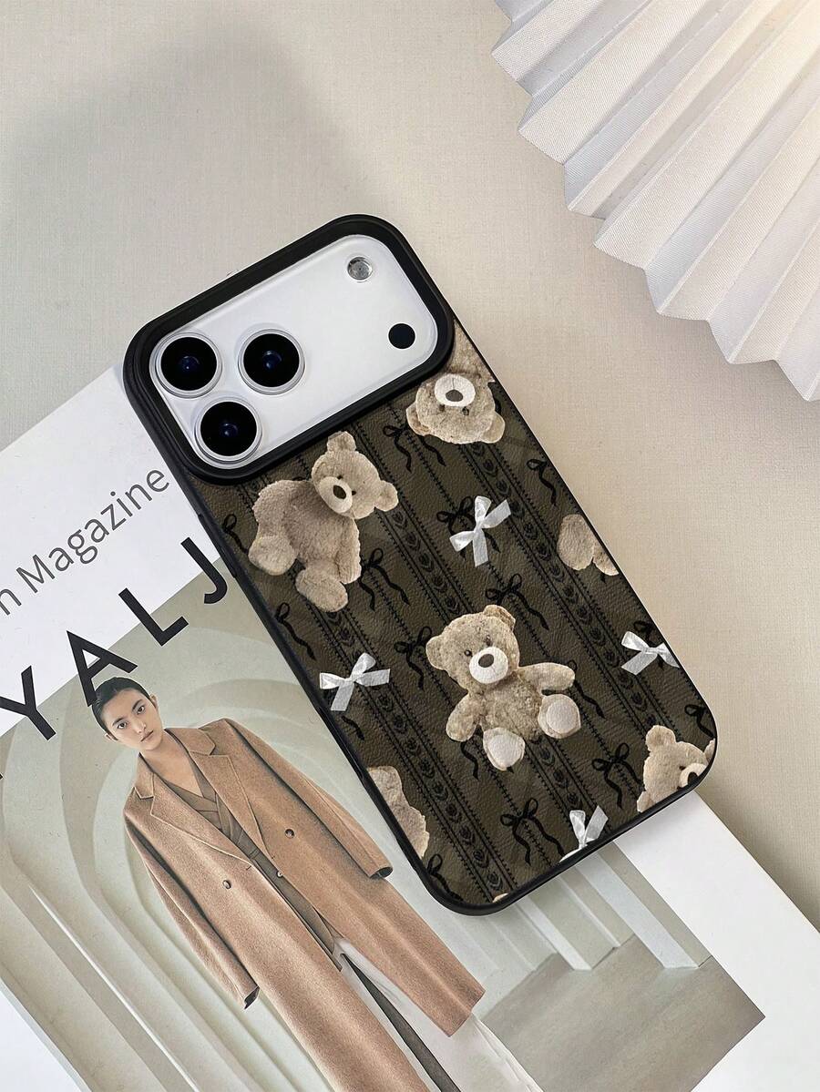 1 Stück modischer vintage Schleife Teddybär Illustration wasserdichter, stoßfester und rutschfester Handyhülle mit Litchi-Textur, geeignet als Geburtstags-, Feiertags-Geschenk für Freunde, Familie, Paar, kompatibel mit Apple Phones