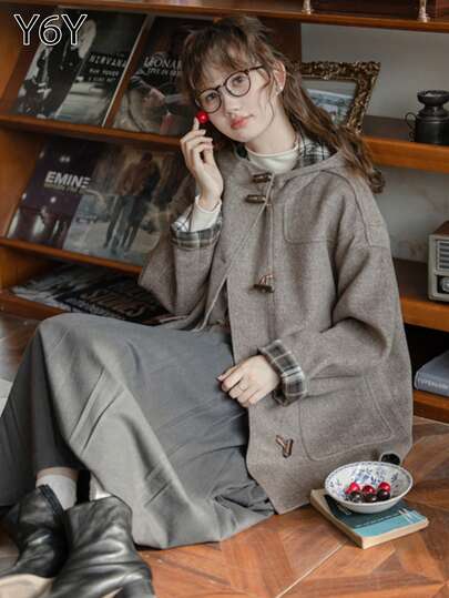 2025 秋冬新款复古格纹翻领羊毛混纺宽松休闲长袖连帽女大衣