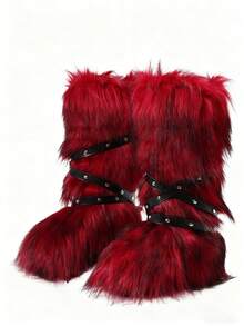 New Winter Warm Plush Artificial Fur Women's Strap Snow Boots - Long Tube Boots With Soft Lining, Comfortable Slide Design, Fashionable Strap Design, Suitable For Outdoor And Indoor Wear In Cold Weather, Neutral Long Ankle Artificial Raccoon Skin Snow Boots - Solid Color Classic, Super Smooth Fur Touch, Perfect Choice For Christmas And Halloween, Y2K Style! Y2K Fashion Men's And Women's Snow Boots - Made Of Synthetic Washed Bear Skin, Silky Ground Touching Fur, Classic Solid Color Tones, Ideal For Christmas And Halloween! Long Unisex Synthetic Raccoon Skin Snow Boots - Solid Color Classic, Super Smooth Fur Landing, Essential For Christmas And Halloween, Edgy Y2K Vibe! Christmas And Halloween Must-Have Fake Washed Bear Skin Snow Boots (Suitable For Both Men And Women) - Solid Color Classic Tone, Smooth Fur Touching The Ground, Fashionable Y2K Appearance! Y2K Men's And Women's Long Boots Snow Boots - Super Smooth Floor Leather, Perfect For Christmas And Halloween Celebrations! - 紅色 - 查看 3