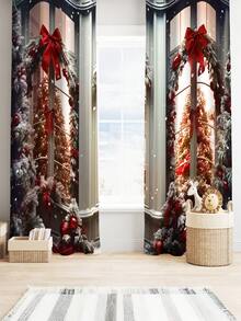 2PCS Christmas-Themed Brushed Fabric Digital Print Curtains, Retro Gorgeous Style Design With Red Bow Snow Pine Forest Window Scene, Rod Pocket Installation, Semi-Transparent Polyester Fiber Material, Suitable For Living Room, Kitchen, Bedroom, Dining Room, Filling Your Home With Festive Atmosphere