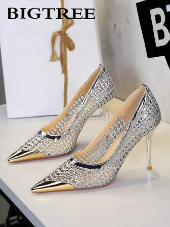 Elegantes tacones de aguja de estilo francés con punta puntiaguda y tejido calado, zapatos de fiesta versátiles para damas