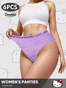 Sanrio 6pcs Sanrio Kitty & Kuromi Mid-Waist Printed Seamless Underwear For Women