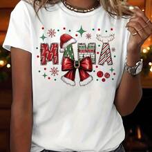 Women'S Merry Christmas Mom Graphic T-Shirt - Festive Santa Hat & Reindeer Design, Short Sleeve Crew Neck Casual Top For Summer & Spring, With Holiday Print, Holiday Shirts - White - View 10