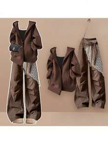 Women Two-Piece Outfits - Brown + Black + Brown - View 2