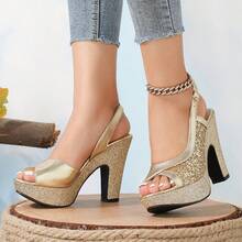 Women's High Heels Beach Glitter Sequin Buckle Open Toe Platform Sandals - Vàng - Xem 12