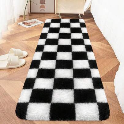 Soft Fuzzy Fluffy Rug Bedroom Living Room Checkered Rug Shag Runner 2x6 Ft Hallway Runner Plush Shaggy Carpet Non Slip Bedside Sofa Home Dorm