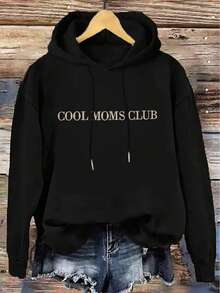 Women's Autumn And Winter Cool Mom Club Printed Casual Y2k Casual Simple Loose Street Hooded Long-Sleeved Drawstring Thermal Lined Sweatshirt - Black - View 6