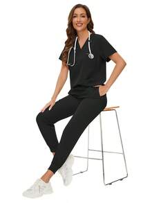 Surgical Uniforms Woman Scrub Set Nurse Beauty Salon Workwear Clinical Scrubs Top Pants Sets Spa Doctor Nursing Clinical Suit - 黑色 - 查看 5