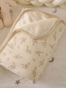 1pc Floral Printed Reversible Plush Blanket, Double-Sided Double-Layer Crochet Edging Soft Throw Blanket For Baby