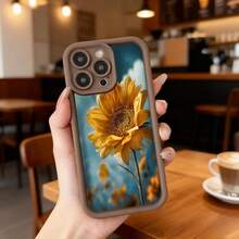 Cubierta de teléfono con borde negro diseño de girasol amarillo sobre cielo azul para uso diario en cafeterías y exteriores Aplicable a los teléfonos de la serie Apple y Galaxy - Café integral - Ver 2