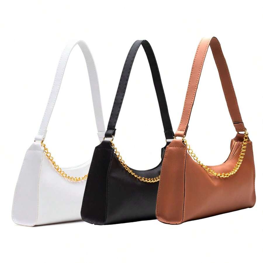 Set Of 3 Women's Small Plain Baguette Bags With Chains, Shoulder And Handbag Style - 白色 - 查看 1