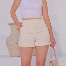 Women's Tailored Shorts With Belt And Side Zipper - Cream - View 3