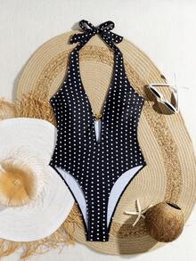 New Fashionable Polka Dot Front & Hollow Rose Decor Halter One-Piece Swimsuit For Women, Suitable For Beach & Holiday
