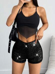 Pantaloncini casual e sexy da donna con inserti lucidi, adatti per vacanze e spiaggia - nero - Visualizzare 6