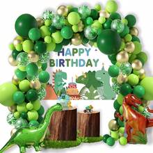 Zestaw 103 łuków balonowych z motywem dinozaurów, zawiera balony foliowe z motywem tyranozaura i brachiozaura w połączeniu z zielonymi balonami, idealne na urodziny dla dzieci o tematyce prehistorycznych dinozaurów, baby shower, szkolne wydarzenie, wystrój na zewnątrz, ceremonię ukończenia szkoły