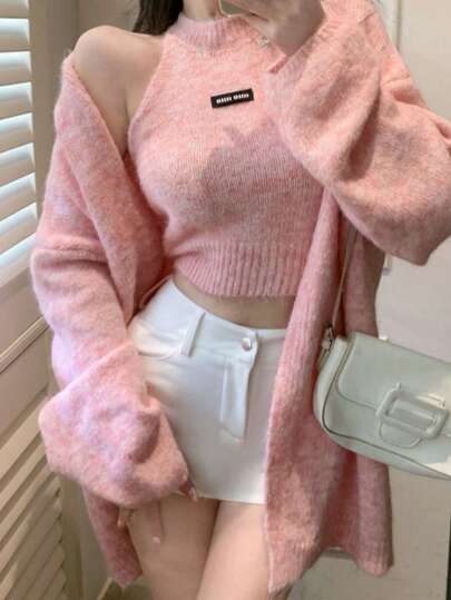 French Design Gray Quality Knit Cardigan With A Wide Collar And Floating Belt, Women's, Fall/Winter, Loose, Soft Mohair-Like Outerwear, Sizes S/M/L/XL