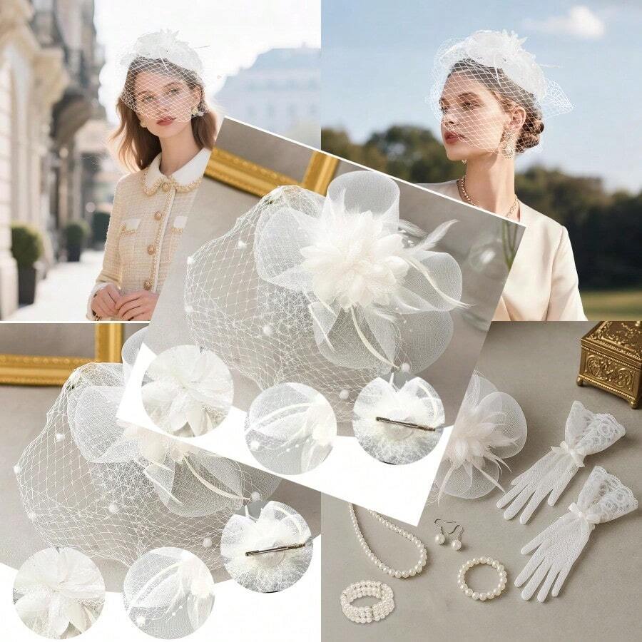 7Pcs Fascinators For Women20s 50s Tea Party Fascinator Hats For Women Feather Pearl Veil Tea Party Hats And Jewelry Set - White - View 1