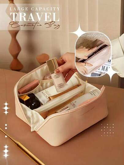 PU Leather Waterproof Cosmetic Bag Multifunctional Travel Storage Bag Large Capacity Double Layer Cosmetic Bag Cosmetics Organization And Storage Cosmetic Storage Bag Skin Care Bag Autumn University Essentials Travel Essentials For Holiday Vacation Travel Bag For Women Makeup Bag Makeup Organizer