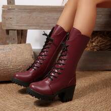 女士系带厚底过膝复古骑马靴/长靴 - 酒紅色 - 查看 1