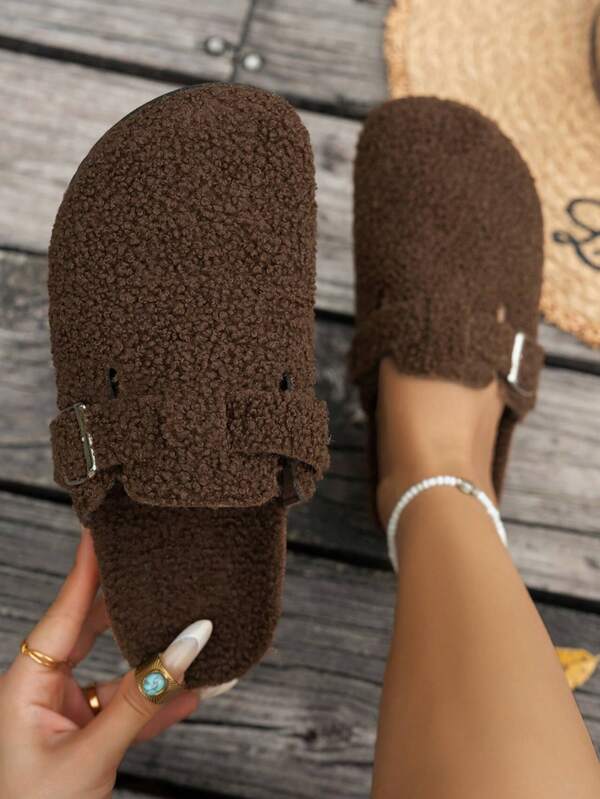 Pantufas femininas de pelúcia sem cadarço - Cabedal e forro em tecido macio, sola de PVC com absorção de impacto, adequadas para uso interno e externo, pantufas casuais para casa - Bege