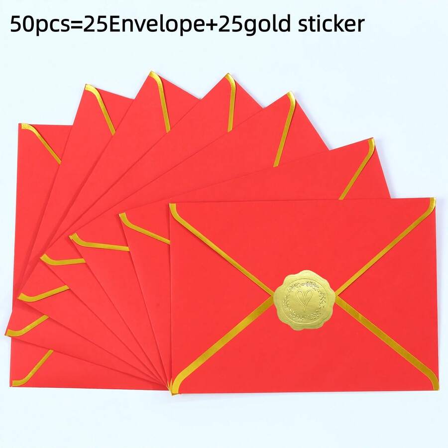 50 Stücke/Packung Rosarote Umschläge + Aufkleber, Rosarotes Perlkartenpapier, Größe A7, Einladungsumschläge mit Goldfolienrändern, geeignet für Hochzeit, Taufe, Weihnachten, Halloween Geschenke, Geburtstagsparty - Rot - Übersicht 1