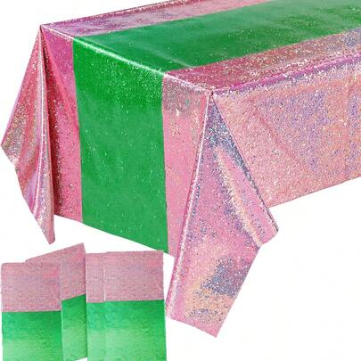 4PCS/1pc Set Witch Princess Theme Party Pink And Green Sparkling Patchwork Tablecloth 54 X 108 Inch Plastic Rectangular Waterproof Tablecloth Witch Princess Theme Birthday Decoration