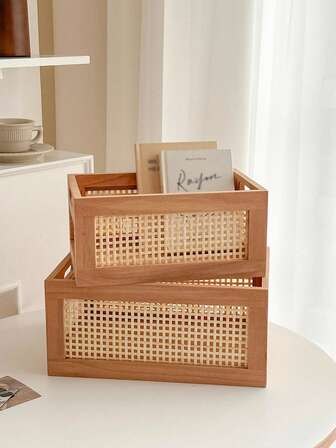 1 pieza Cesta de almacenamiento tejida de bambú, caja organizadora de escritorio para la sala de estar, cesta de almacenamiento para el rincón del baño