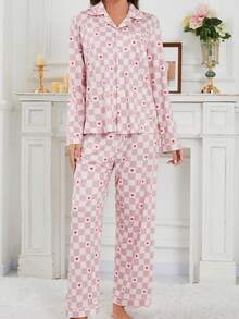 2 件套女士随机格子和心形印花时尚舒适翻领开衫长袖裤睡衣套装，春秋轻便 - 粉色 - 查看 5