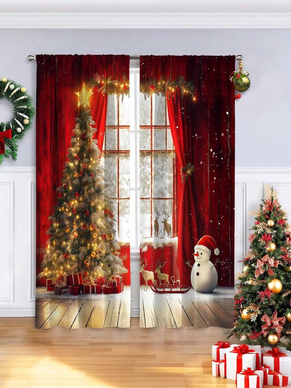 2PCS Christmas-Themed Digital-Printed Brushed Curtains – Windows With Red Curtains & A Sparkly Christmas Tree Inside Design, Easy-Install Rod Pocket, Semi-Transparent Polyester – For Living Rooms/Kitchens/Bedrooms/Dining Rooms, Fills Your Home With Christmas Vibe