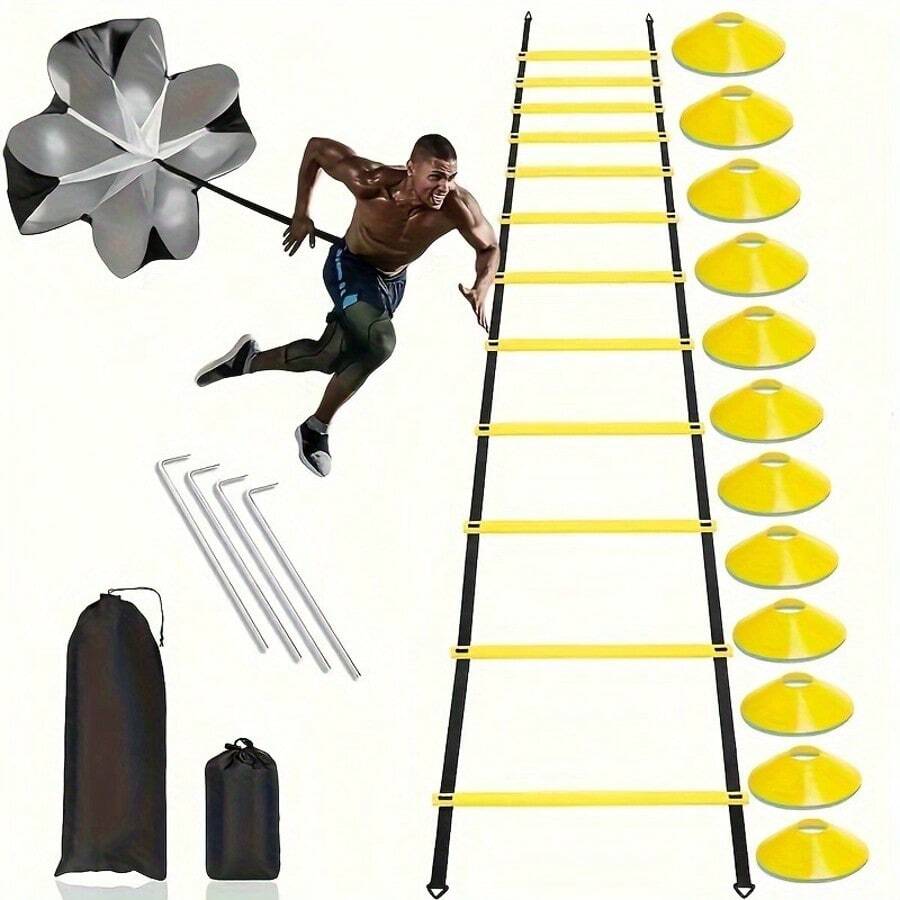 Agility Ladder Training Set - Agility Ladder, Agility Poles, 10 Soccer Cones, Resistance Parachute, 7 Ground Stakes | Basketball, Soccer Training Equipment Suitable For Teenagers And Adults