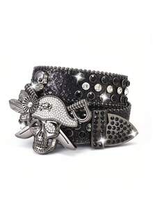 1 Thắt lưng Unisex, Khóa đầu lâu cướp biển đính đá lấp lánh Thiết kế thời trang, Phụ kiện đính đá Thắt lưng đinh tán phong cách Punk, Thích hợp kết hợp với quần jean, áo khoác hoặc đồ trang trí tiệc tùng, v.v. - Thắt lưng kim cương đầu lâu cướp biển - Xem 10