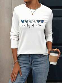 New YearWomen's Plus Size Casual Round Neck Long Sleeve-Shirt, Heart Pattern Printed-Shirt, One Day At A Slogan Printed Top, Suitable Autumn Daily Wear, Women's Autumn And Winter-Shirt,Graphic Tees WomenChristmas - trắng - Xem 2