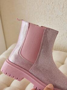 1 Pair Kids' Pink PU Round Toe Lace-Up Fashion Boots