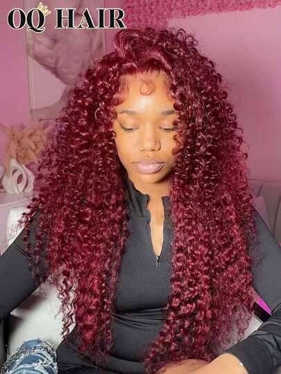 OQ Peluca ondulada de agua con estilo preestablecido, color borgoña 99J, con cinta invisible, capas rizadas, densidad del 180%, longitud de 14-16 pulgadas tipo bob y 18-28 pulgadas para uso diario, con cordón, volteable, 100% cabello humano natural, sin pegamento, sin cola, accesorio de cabello brillante, peluca de Halloween, peluca de Navidad para mujer, regalo de Navidad, accesorios de cabello para mujer, peluca de cabello humano 100% para uso diario, para mujeres