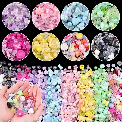 320g Cuentas acrílicas de 8 colores aleatorios mezclados para hacer joyas DIY, incluye encantos de flor, lazo, corazón, oso, adecuado para pulseras, collares, cadenas de teléfono, llaveros, pegatinas