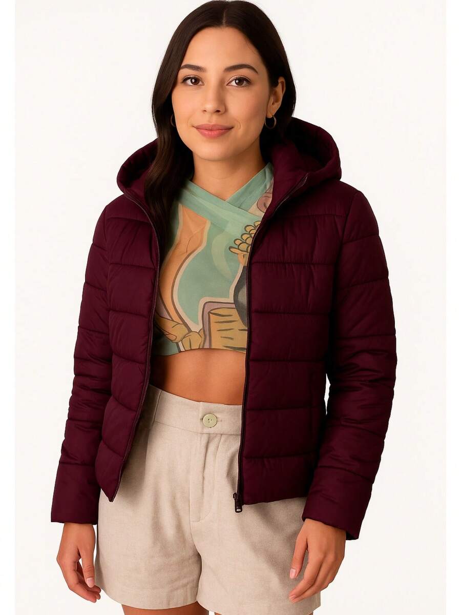 Chamarra Chaqueta Acolchada para mujer Informal con Capucha Peluche Interno con Cremallera y Bolsillos, de Largo Regular y Manga Larga Moda - Vino - Ver 1