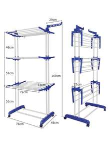 Large 3-Tier Folding Retractable Portable Clothes Drying Rack With Wheels - Blue and White - View 5