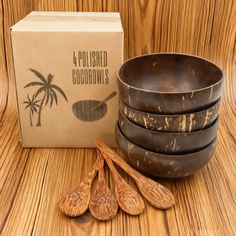 8pcs Set Natural Polished Coconut Shell Bowls With Wooden Spoons, Handmade Coconut Bowls, Salad Bowls, Smoothie Bowls, Tableware Gift Set