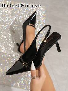 On feet& in love 秋冬女士时尚漆皮搭扣尖头低帮露跟高跟鞋，优雅，派对，细高跟 - 黑色 - 查看 1