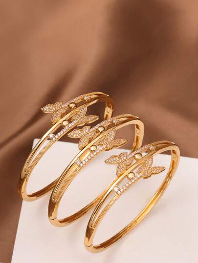 1/2/3 Pcs Zirconia Inlaid Double Butterfly 18k Gold Bracelets With A Diameter Of 60mm That Can Be Opened, Suitable For Birthday, Valentine's Day, Wedding Gifts And Daily Wear, Excluding Box