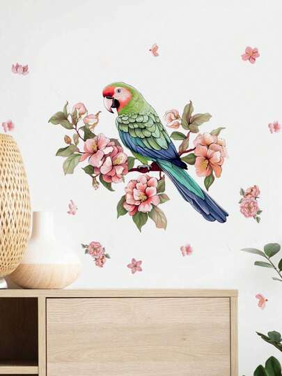 1 قطعة ملصقات زخرفية ملونة بشكل طائر البغبغاء والزهور، ملصقات PVC قابلة للإزالة وذاتية اللصق، سهلة التمزيق، ديكور المنزل لتنشيط الحياة، ملصقات ديكورية للأعياد والتخرج هدية