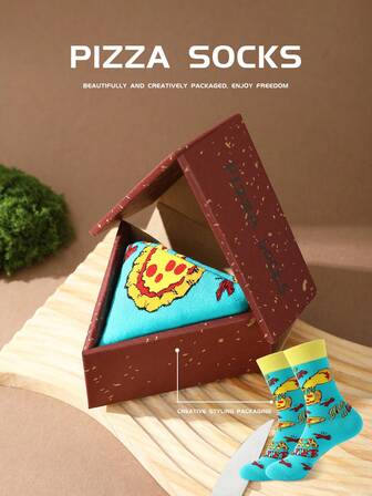 1 Pair Pizza Patterned Socks, Suitable For Daily Life And Outdoor Sports, High Quality Thick Autumn/Winter Men's Socks, Interesting Geometric Tomato Print Women's Mid-Calf Socks, Unique Holiday Pizza Gift Box Design Long Socks, Suitable For Halloween/Christmas/Birthday Party/Valentine's Day/Anniversary And Various Festival Imaginative Gifts, Fun Surprise Socks To Give To Friends/Family/Loved Ones