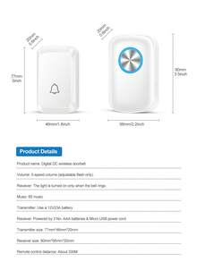 1 套 3 节 AAA 电池供电无线门铃，60 种旋律，5 种音量等级，远距离无线门铃，适用于家庭、客厅、花园、卧室，USB 供电 - 白色 - 查看 6