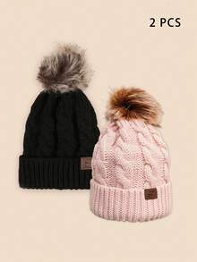 2pcs/Set Unisex Plush Ball Y2K Style Warm & Breathable Knitted Beanie Hats For Casual Wear Christmas Winter Fall - Black - View 11
